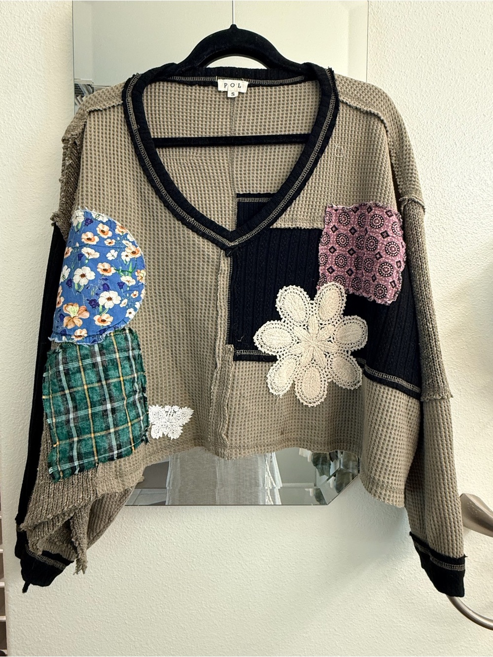 POL Patchwork V-Neck Sweater in Taupe, Black, Blue, Green, Pink
